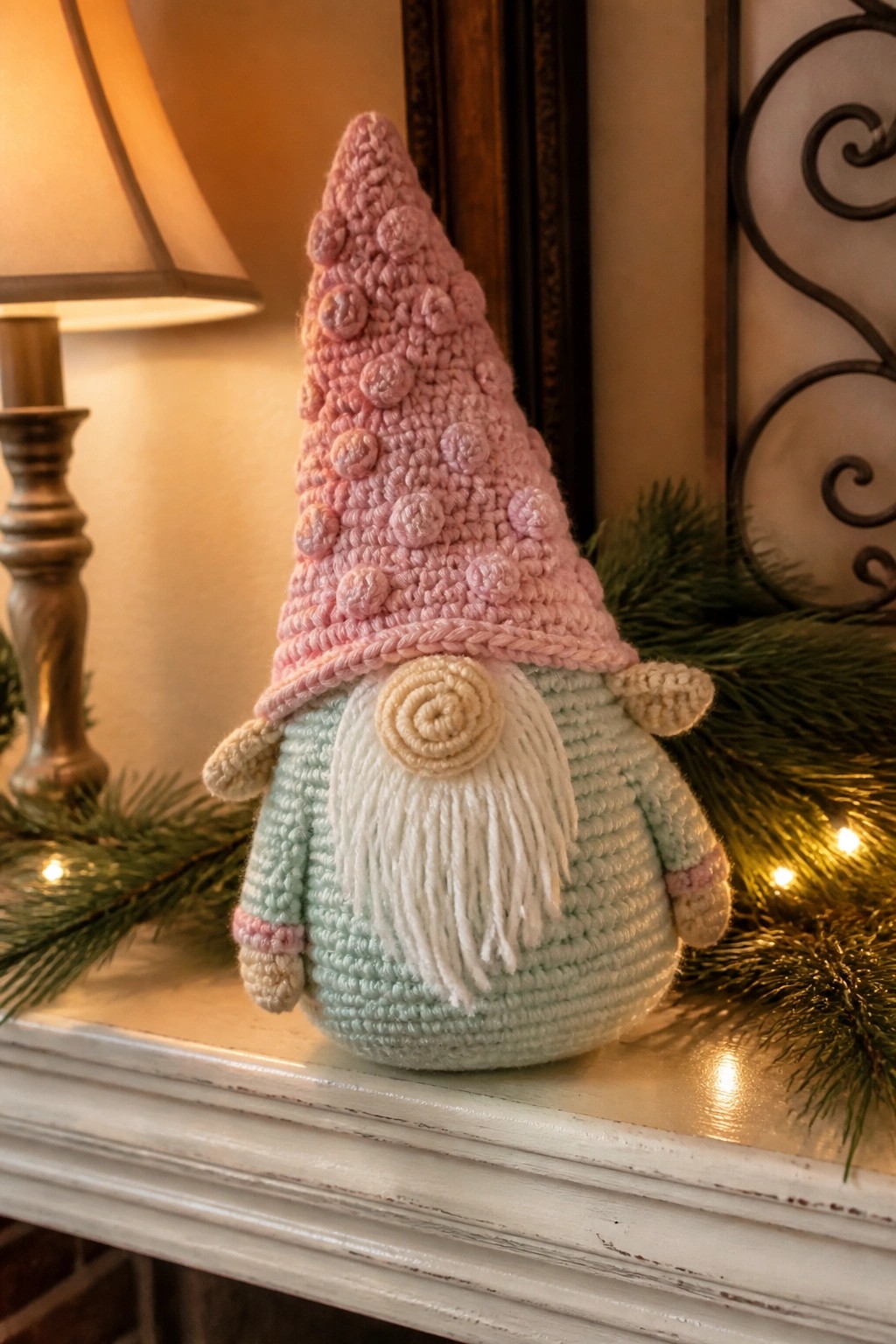 Crocheted gnome with pink dotted hat, white beard on festive mantel.