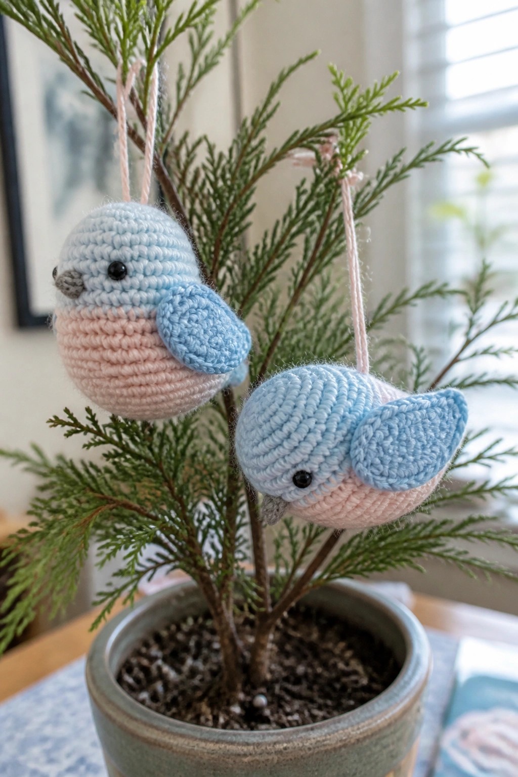 Two crocheted blue and pink birds hanging from a small potted evergreen.