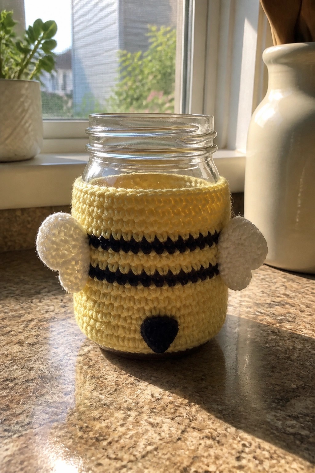 Yellow crocheted bee cozy with black stripes and white wings on glass jar.