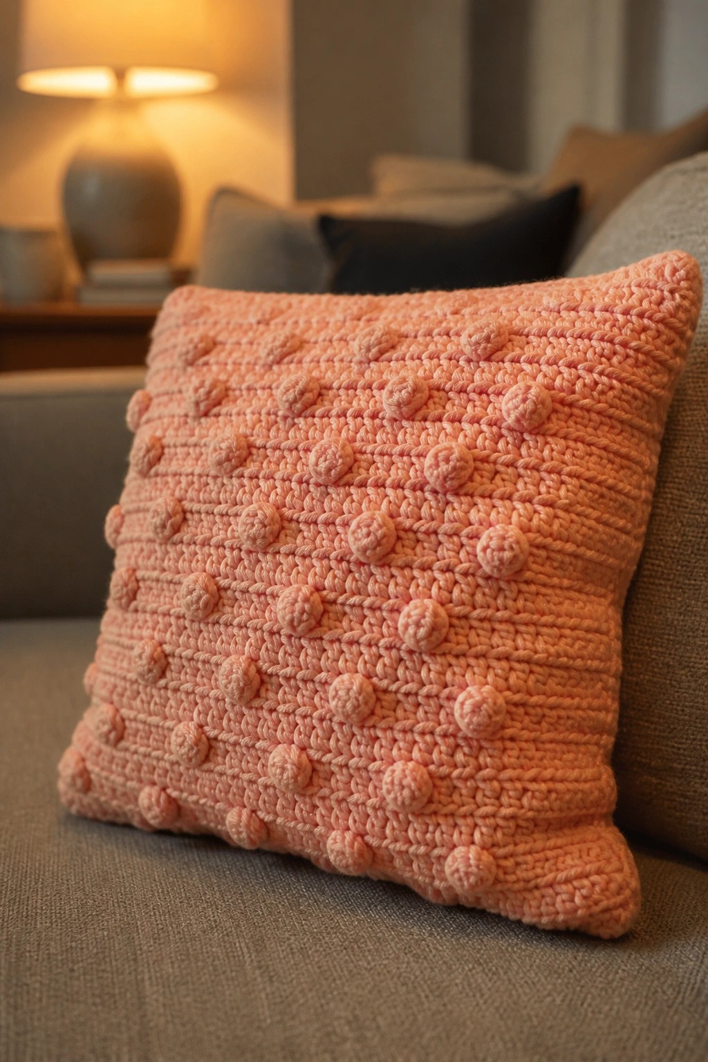 A square peach crocheted pillow with horizontal rows of bobbles rests on a gray couch.