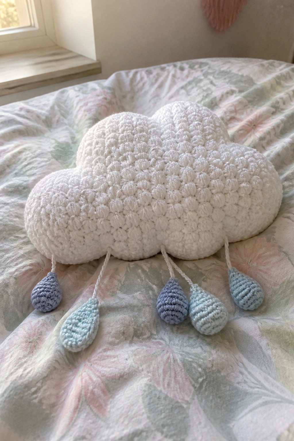 White crocheted cloud with blue raindrops on floral bedspread