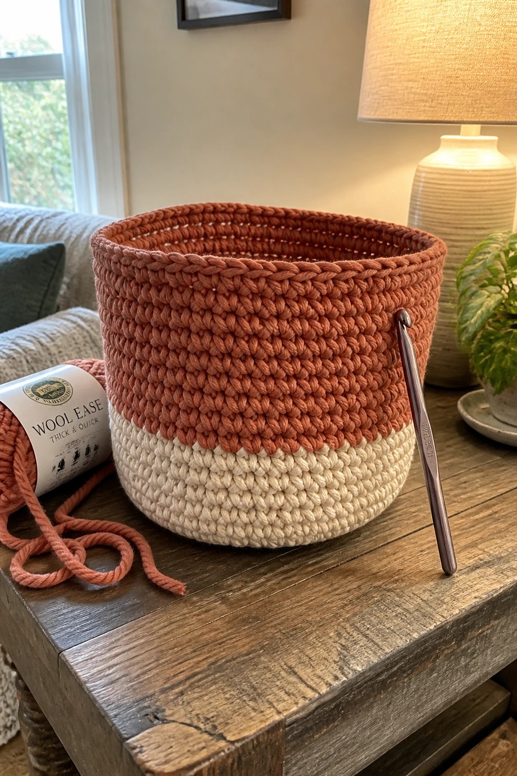 Two-tone crocheted basket in rust and cream with yarn skein and hook on wooden table.