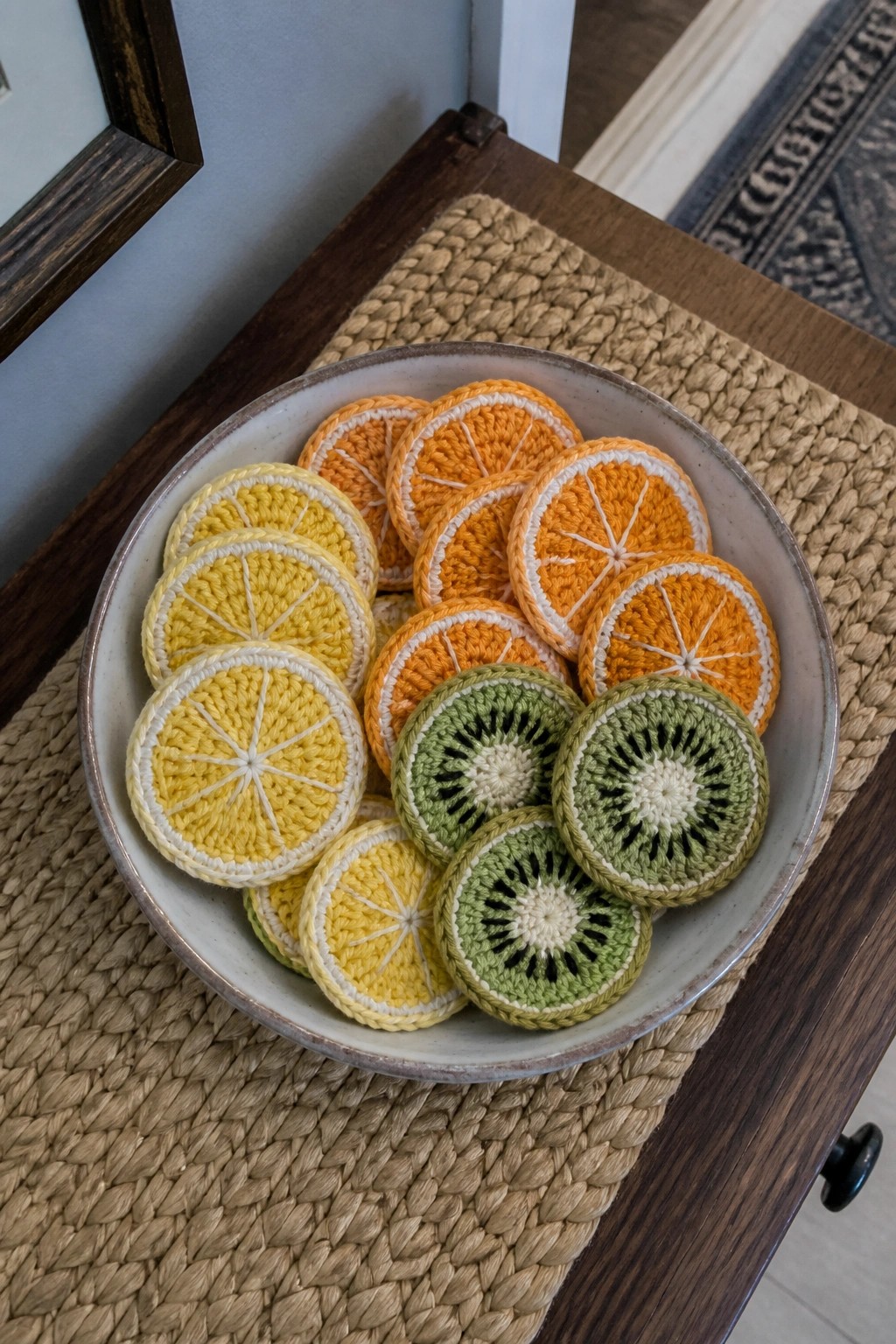 Bowl of crocheted lemon, orange, and kiwi slices on a wooden table.