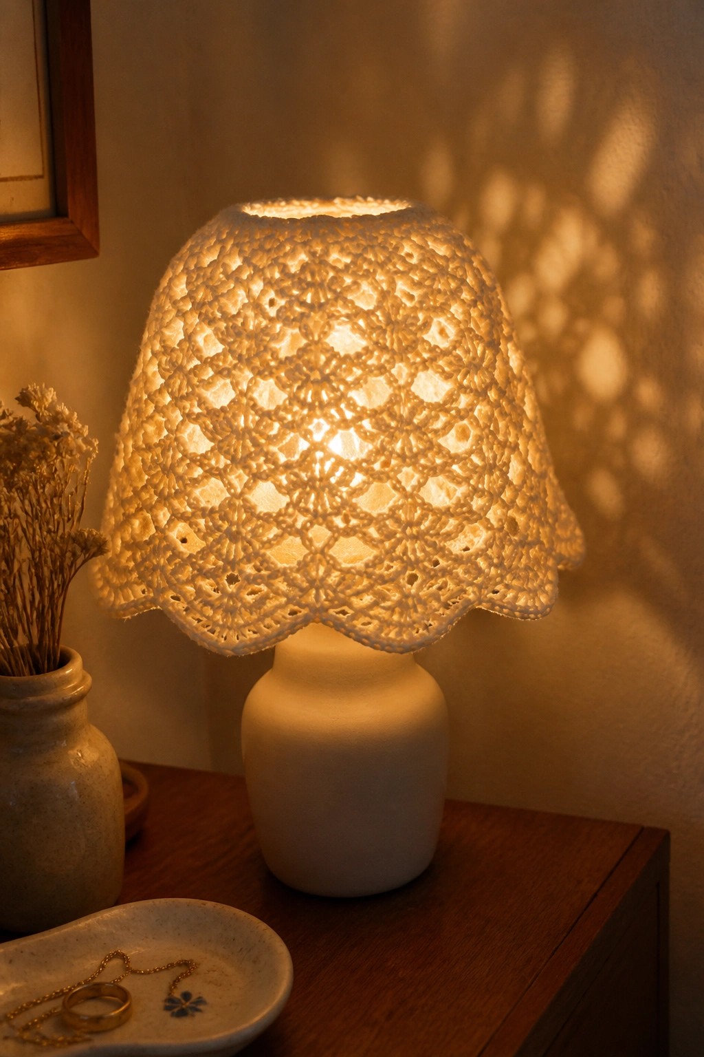 Warm light glowing through white crocheted lampshade on ceramic base beside jewelry and flowers