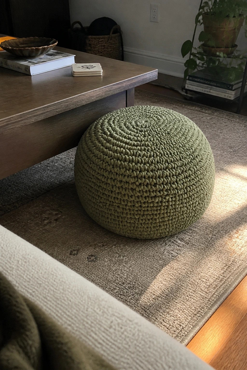 Sage green crocheted pouf on sunlit rug beside wooden coffee table