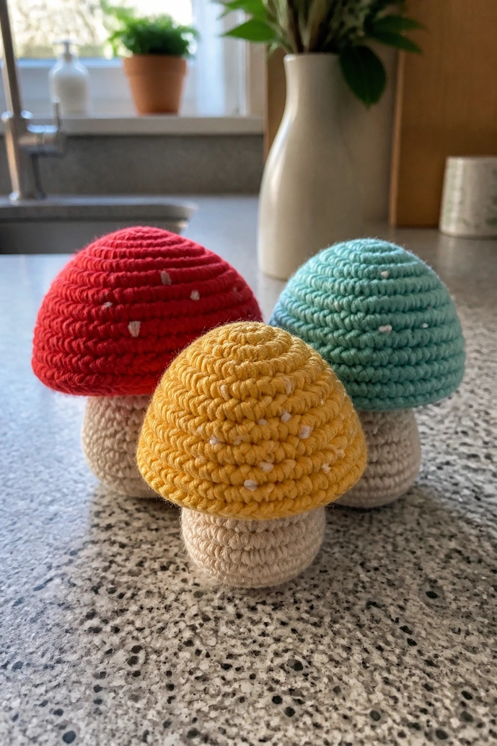 Three crocheted mushrooms with red, yellow, and teal caps on a kitchen counter.