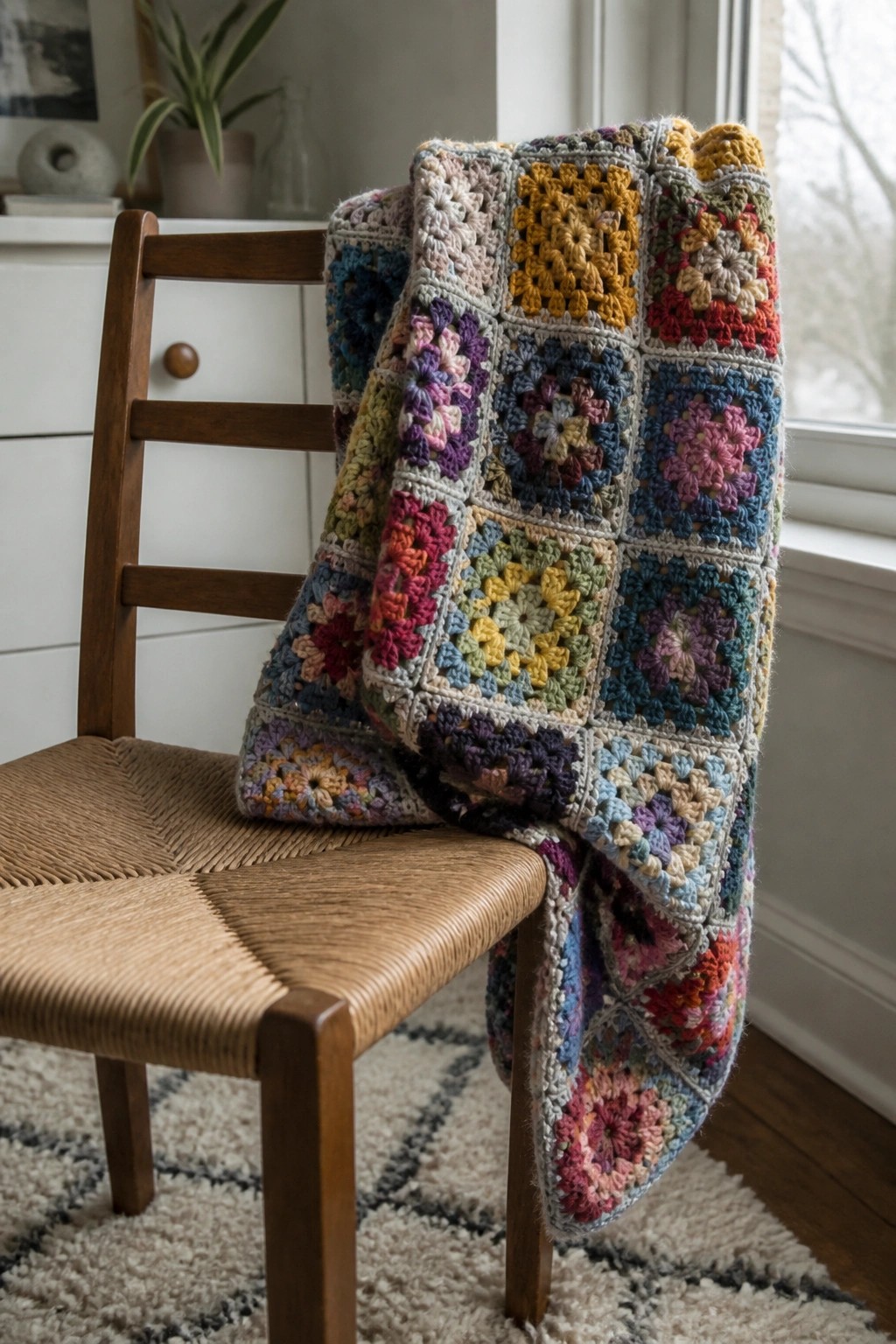 Colorful granny square crochet blanket draped over wooden chair with woven seat.