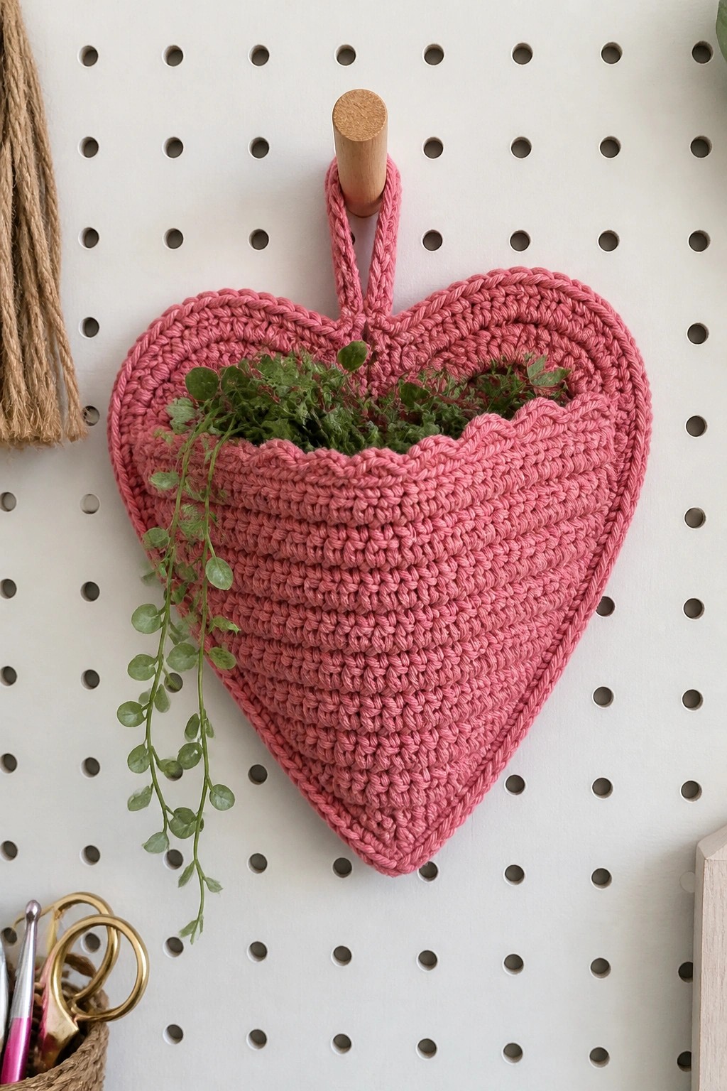 A pink crocheted heart-shaped basket hanging on a pegboard hook with small green plants inside.