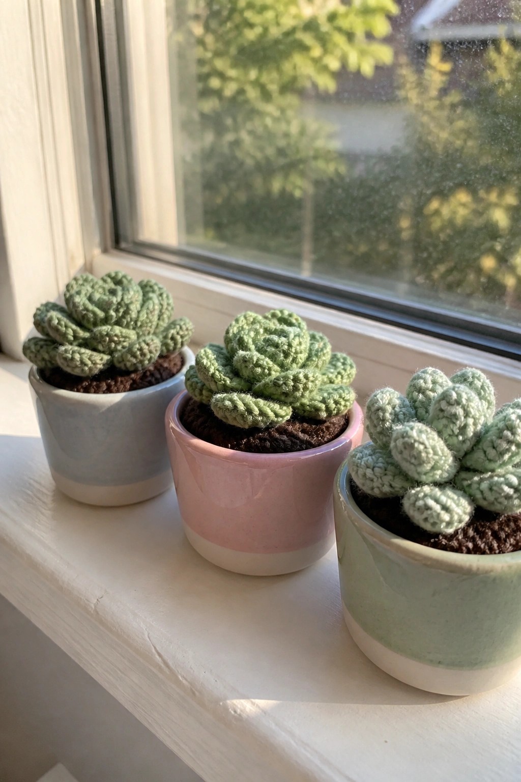 Three crocheted succulents in blue, pink, and green pots on windowsill