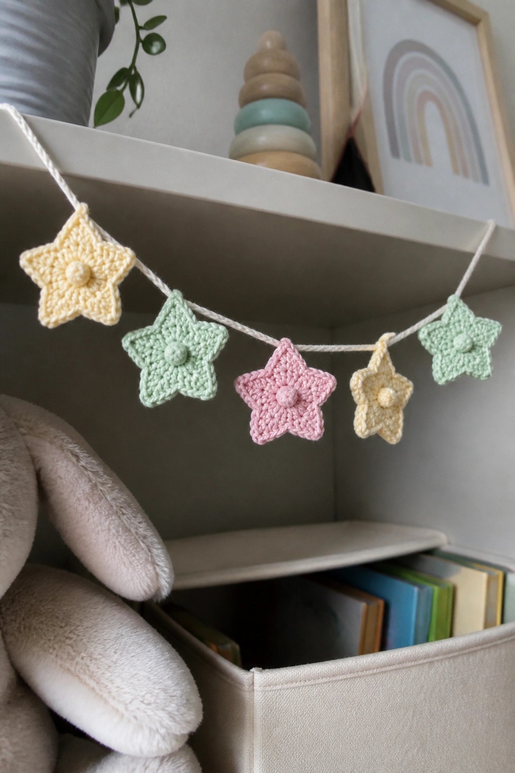 Pastel crocheted star garland hanging above wooden toys on a white shelf.
