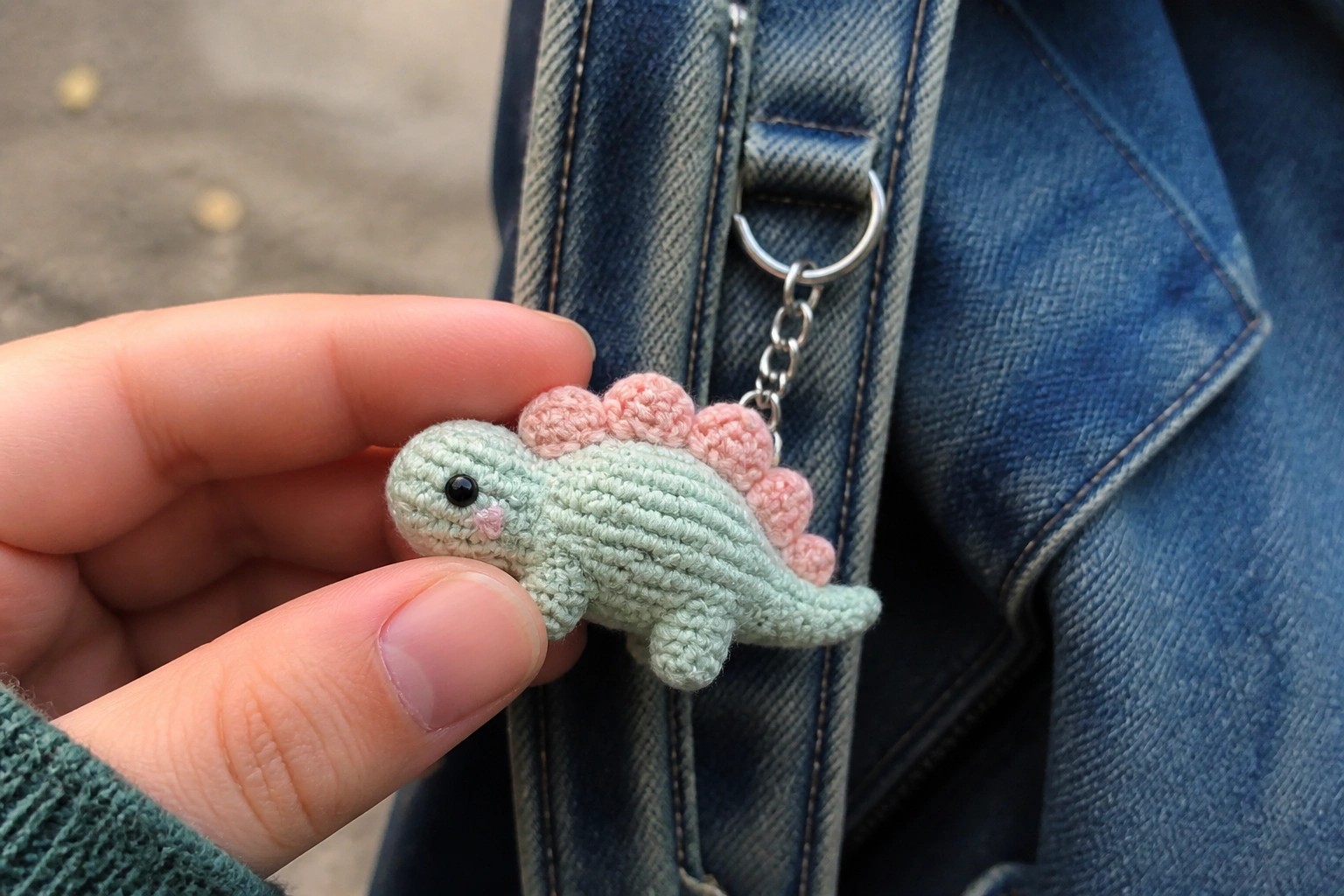 Hand holding mint-green crocheted stegosaurus keychain on blue denim backpack strap