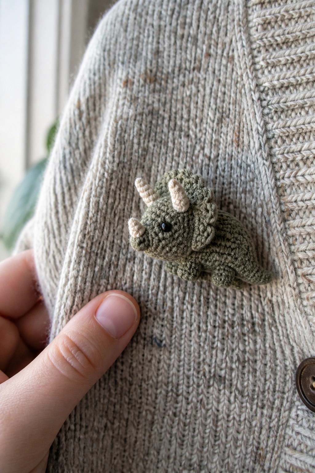 Green crocheted triceratops pin on beige knitted cardigan with finger nearby.