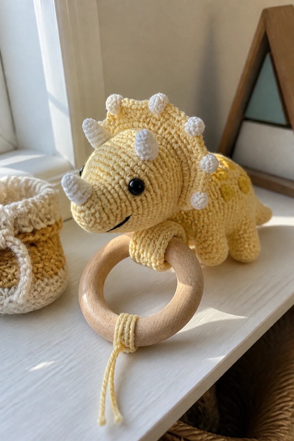 Yellow crocheted dinosaur rattle on wooden ring beside baby booties on windowsill.