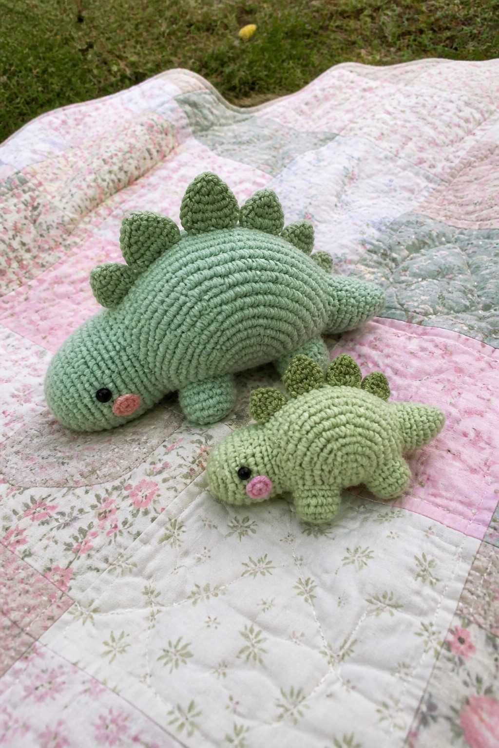 Two green crocheted stegosaurus toys on a pink floral quilt outdoors