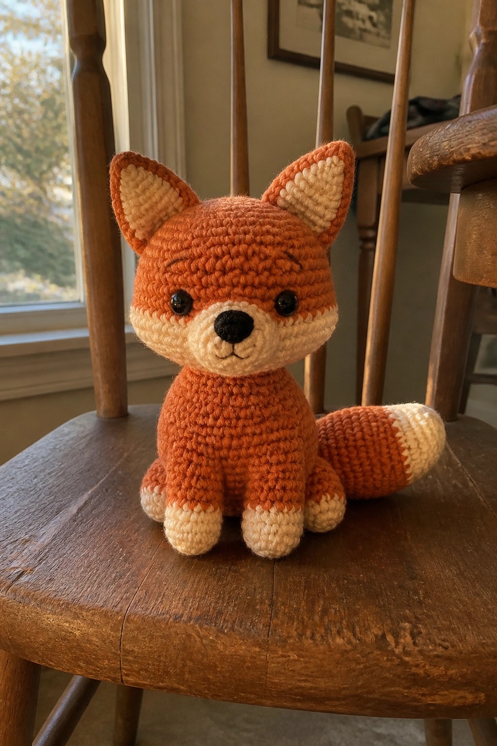 Crocheted orange fox with cream muzzle, paws, and tail on wooden chair