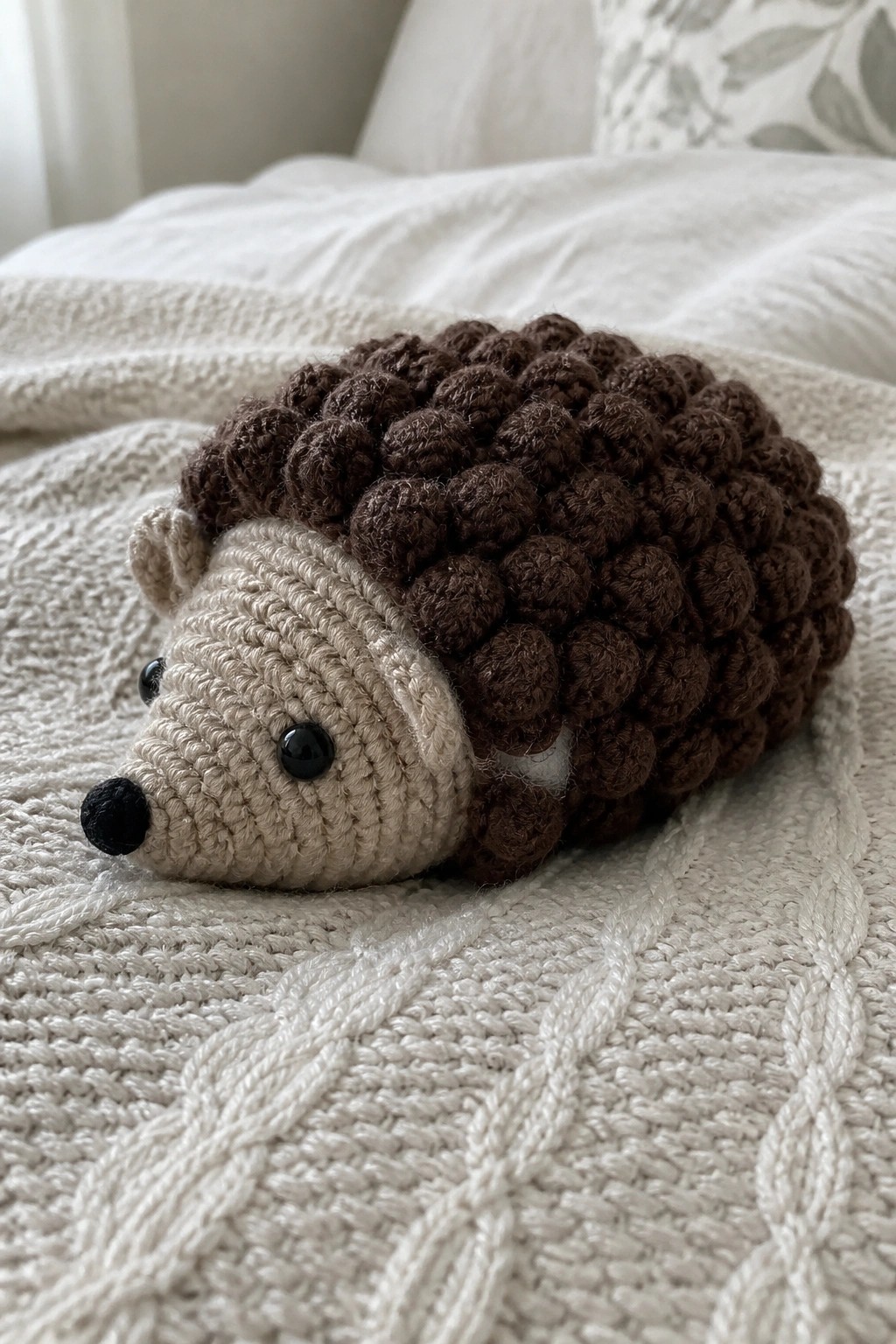 Crocheted hedgehog with brown bobble back and beige face on white blanket.