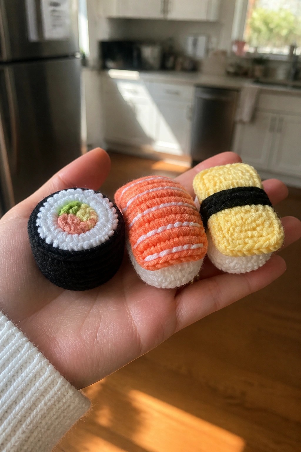 Hand holding three crocheted sushi: maki roll, salmon nigiri, and tamago.
