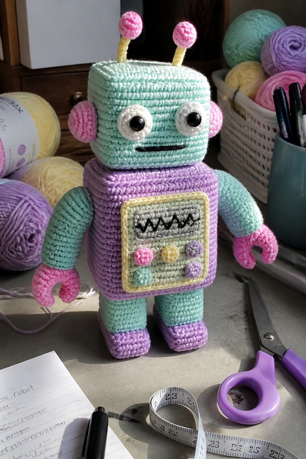 Crocheted robot amigurumi with mint green head, purple body, pink and mint limbs, antennae with pink tips, and a control panel on the chest, placed on a work surface with yarn and tools nearby.