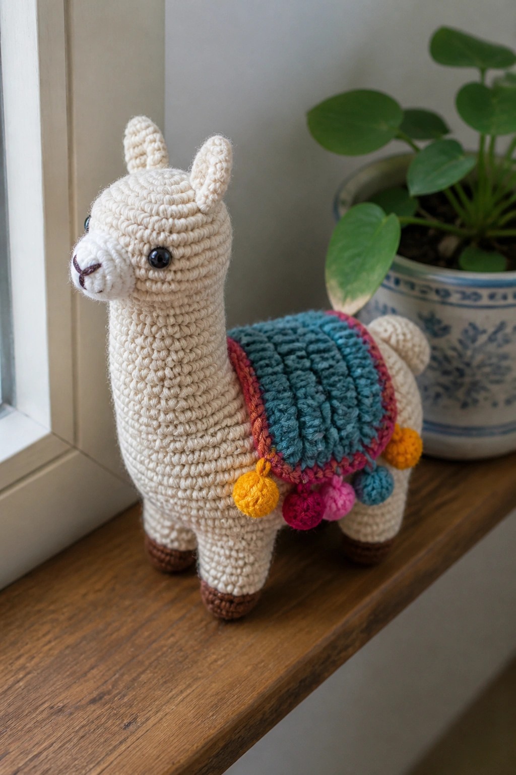 A crocheted cream-colored llama with a teal, pink, and orange blanket and pom-poms stands on a wooden windowsill next to a potted plant.
