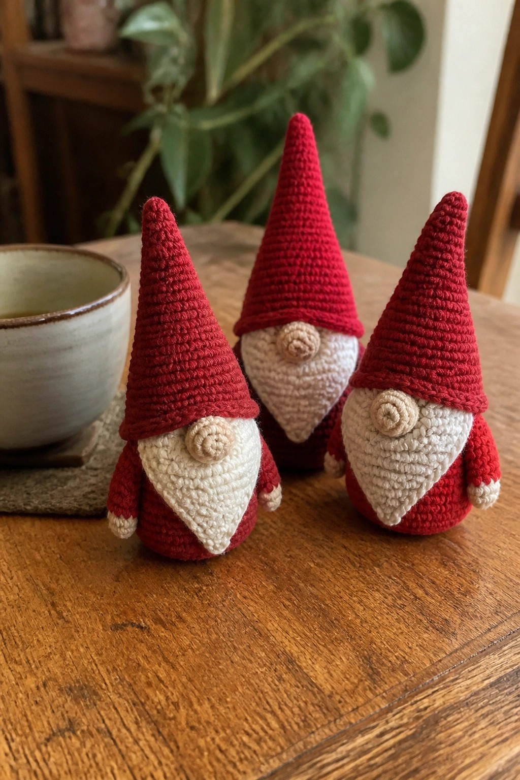 Three crocheted gnomes with red hats and beards on wooden table beside cup