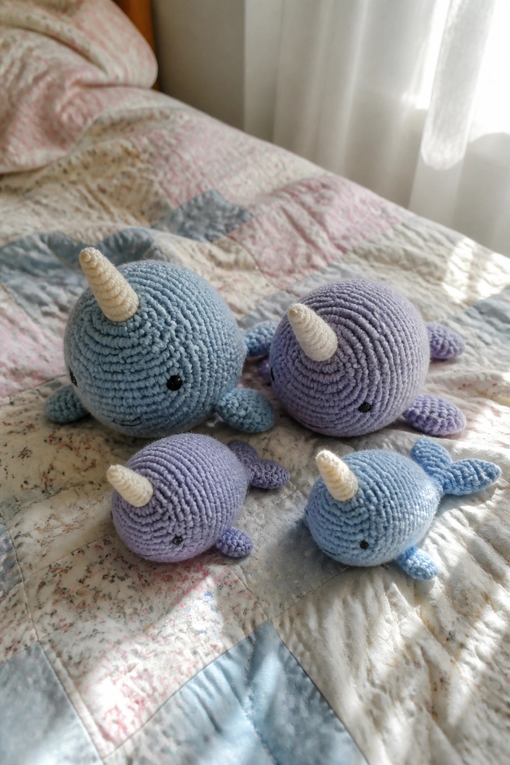 Four crocheted narwhals in light blue and lavender sit on a quilted blanket.