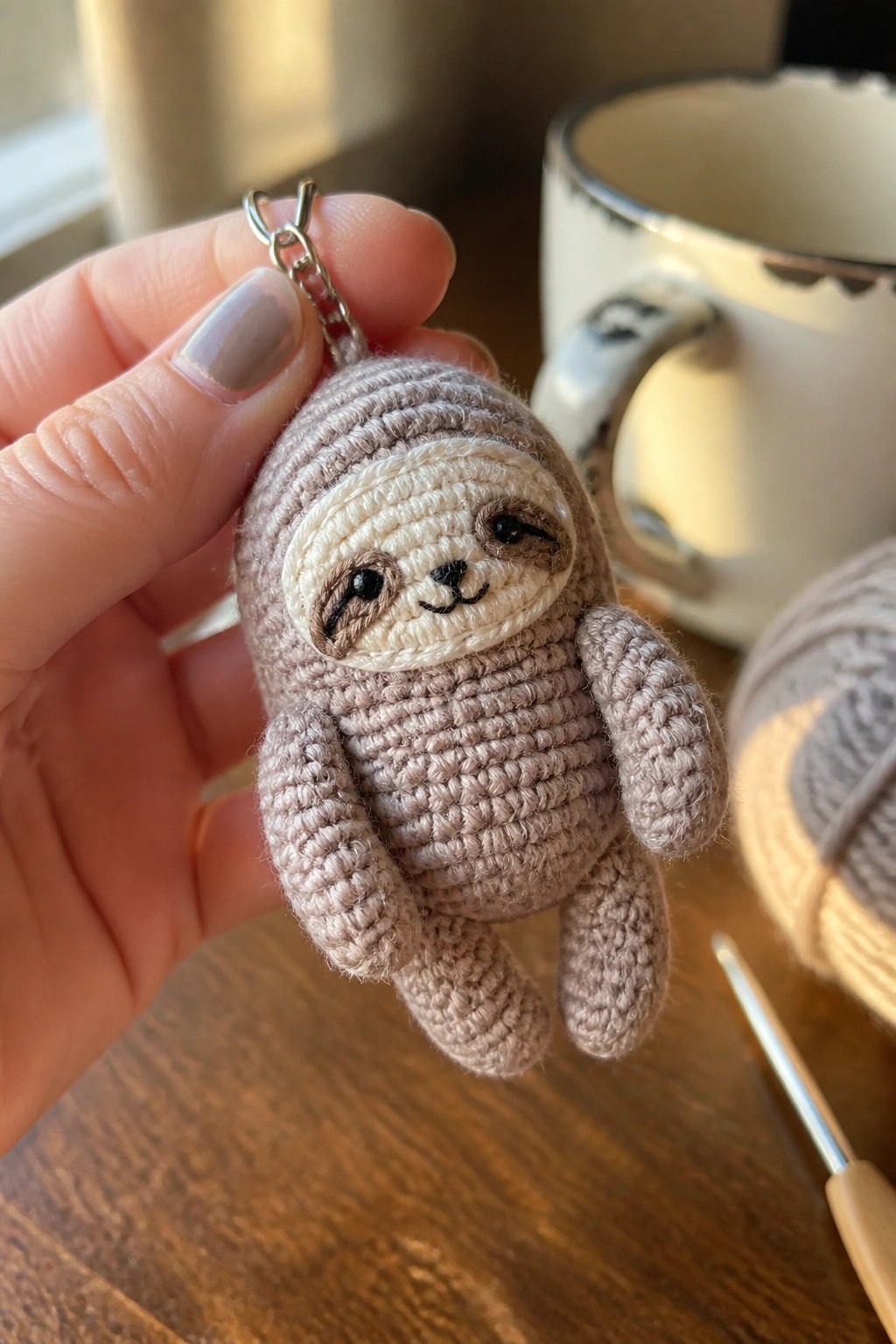 Hand holding crocheted sloth keychain near mug, yarn, and hook on wood.