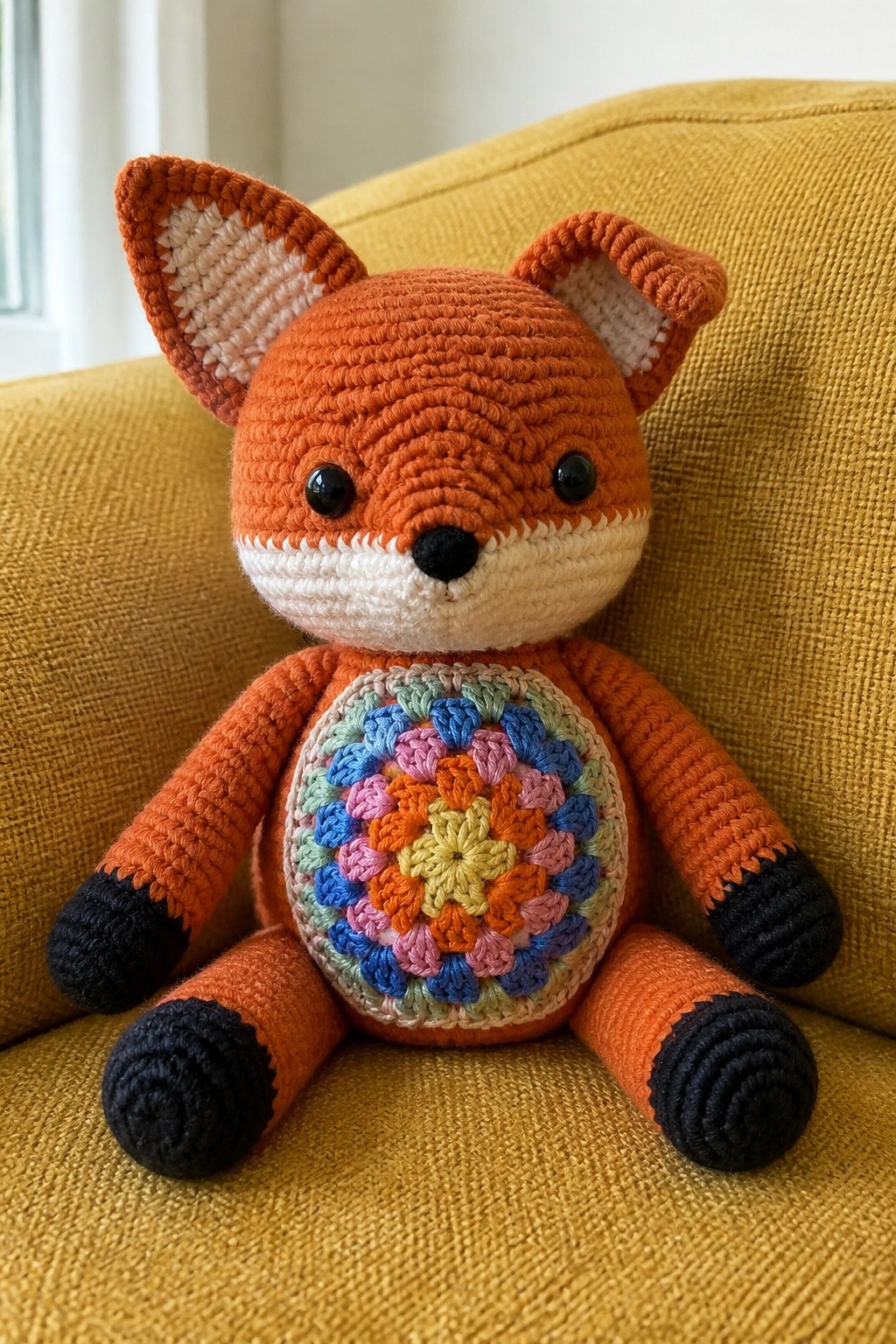 Crocheted orange fox plush with colorful belly mandala and black paws on yellow couch