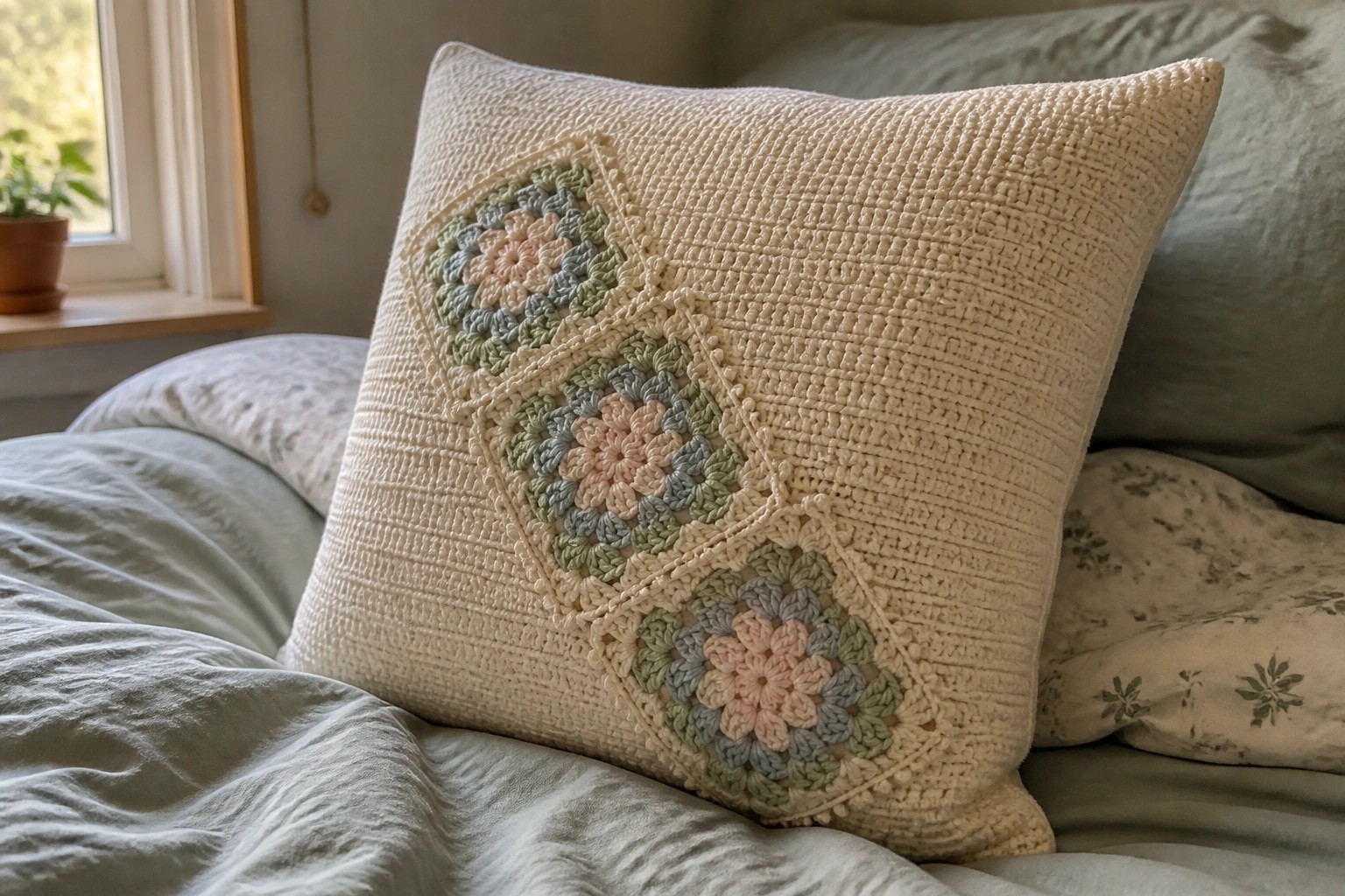 Cream pillow with three pastel granny square crochet appliqués on a bed.