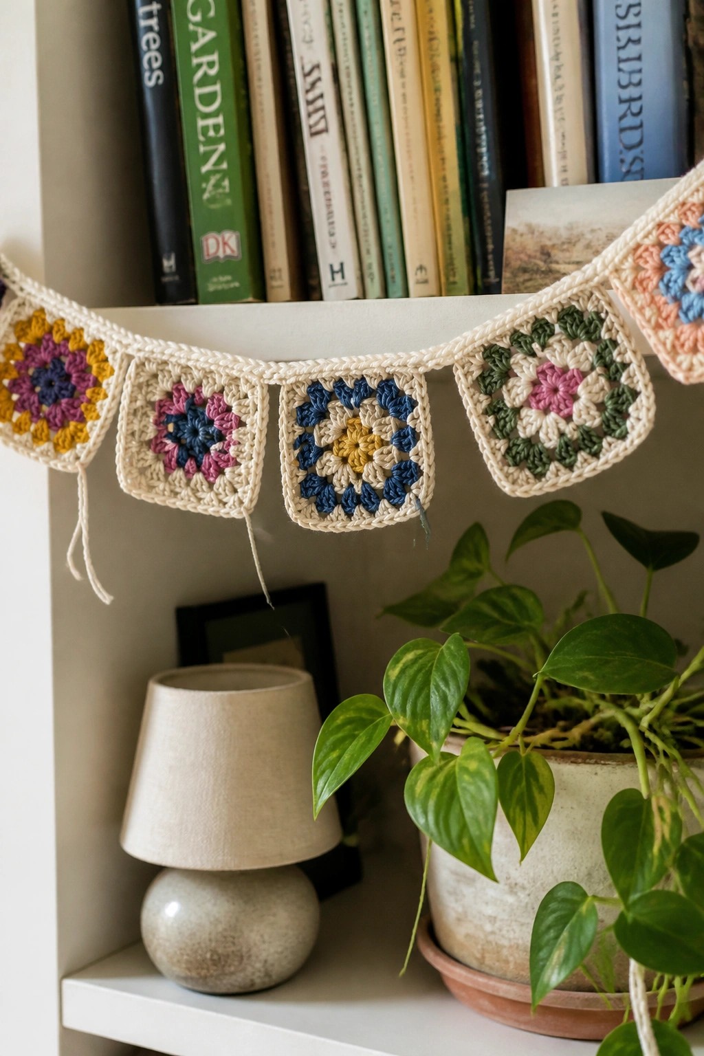 Colorful crocheted granny square bunting on bookshelf above lamp and potted plant