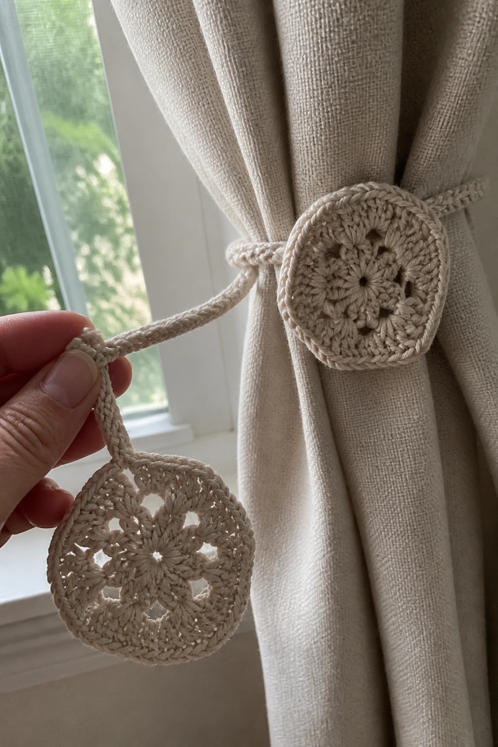 Hand holds crocheted tie-back beside matching one on gathered beige curtain