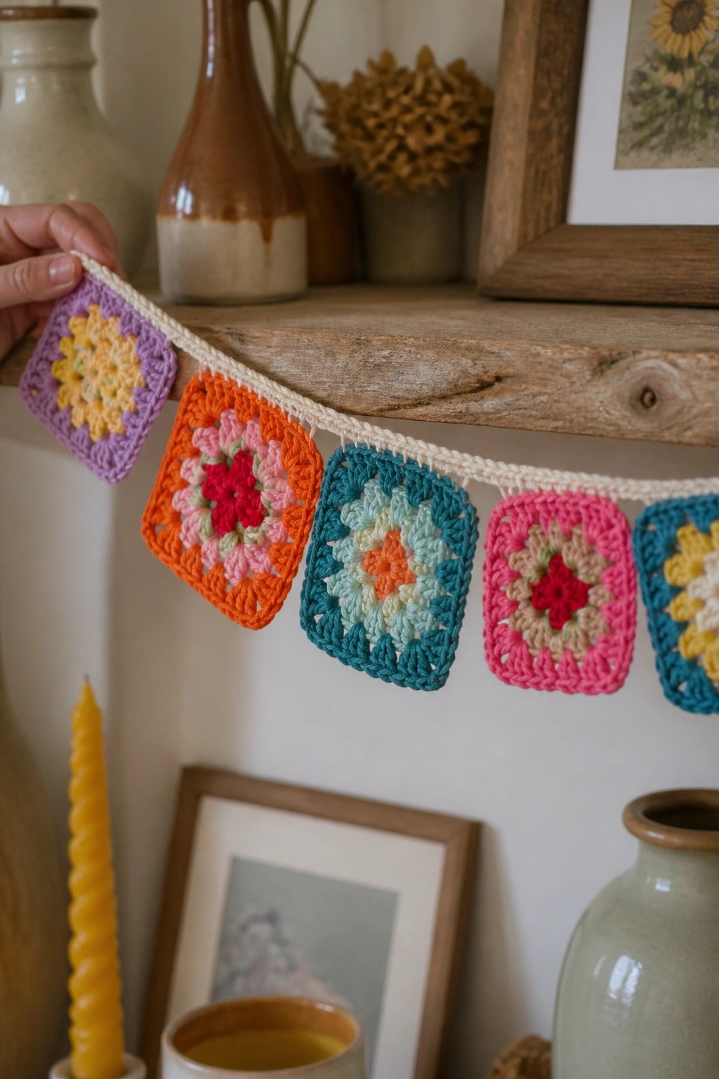 A string of multicolored granny squares hanging from a wooden shelf.