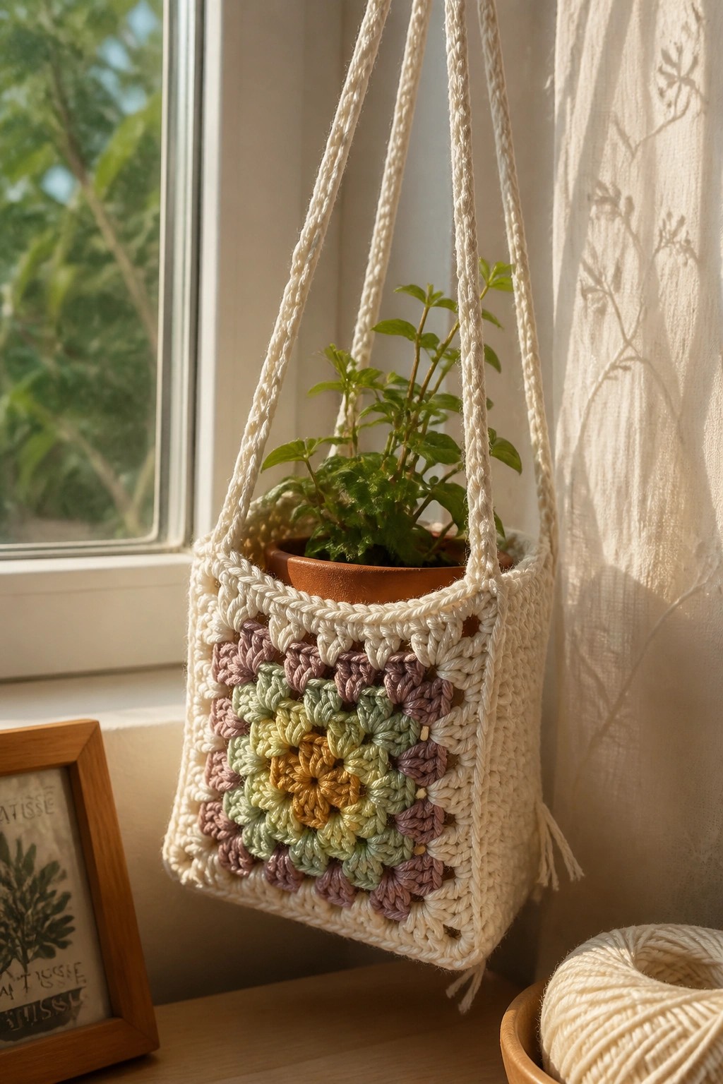 White crocheted hanging planter with pastel granny squares holding potted plant by window
