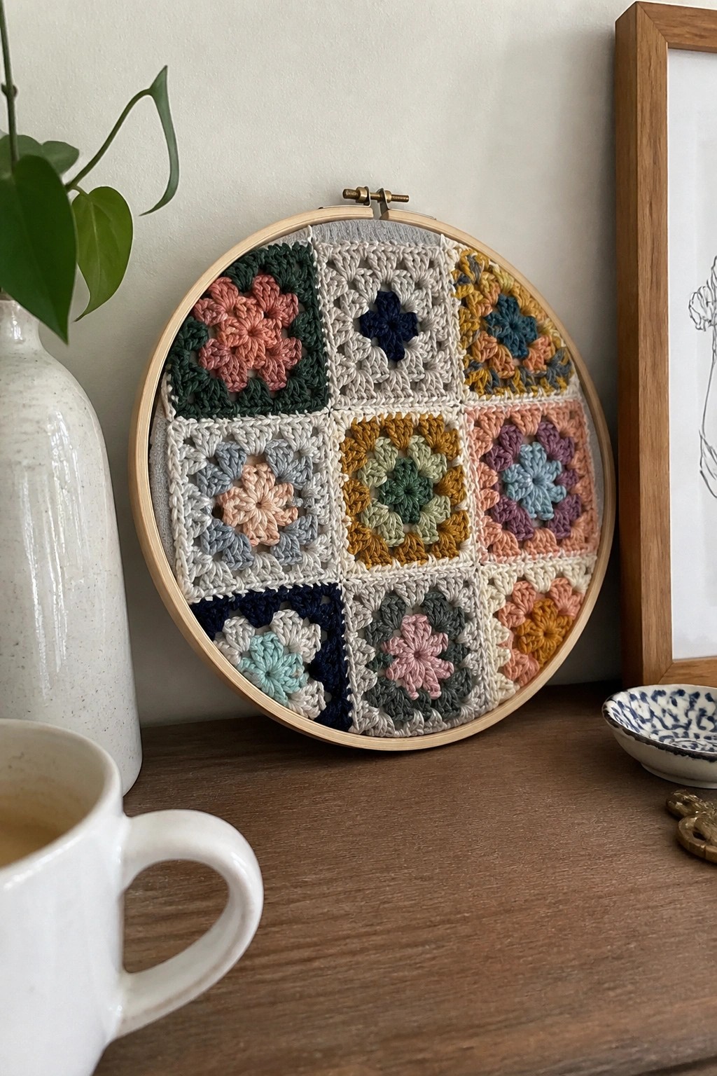 Colorful crocheted granny squares in wooden embroidery hoop on shelf with mug and plant.
