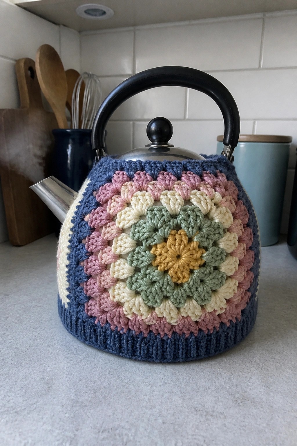 Stainless steel kettle with colorful crocheted granny square cozy in kitchen.