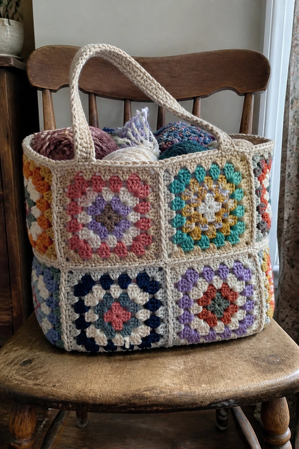 Colorful granny square crochet tote bag filled with yarn on wooden chair