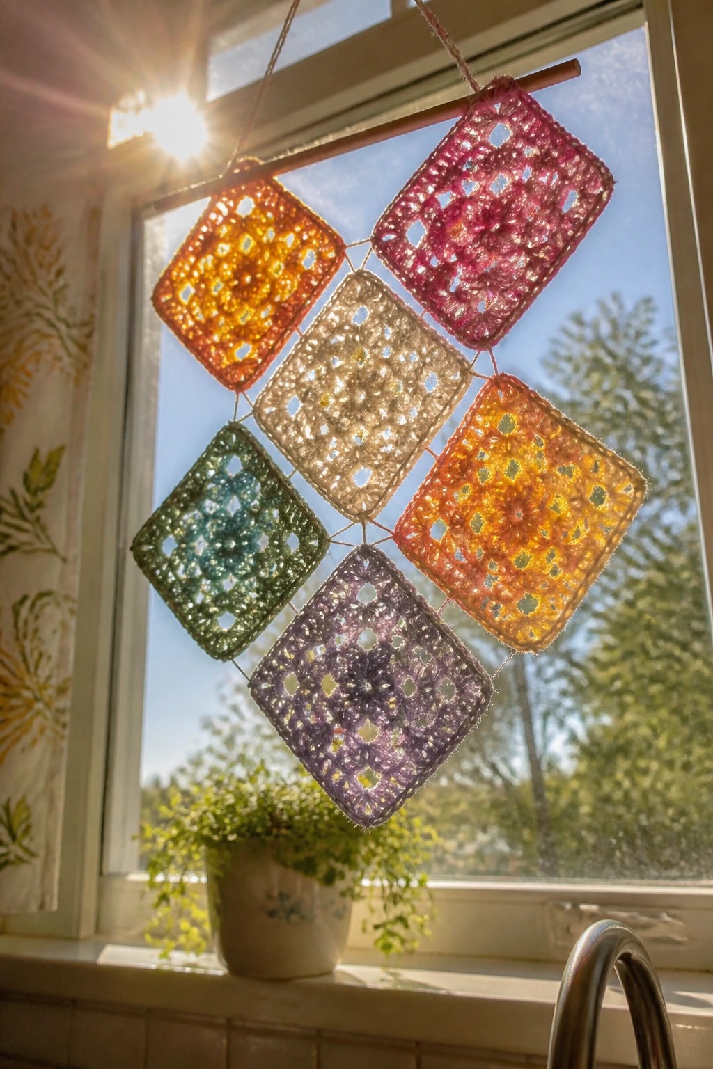 Colorful crocheted granny squares hang from a rod before a sunny window.