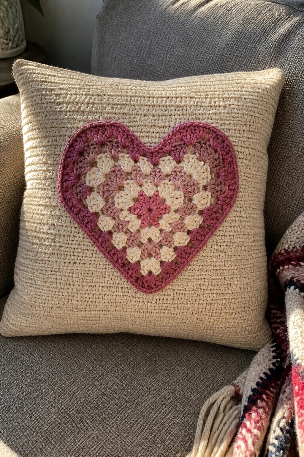 Cream crocheted pillow with pink and beige heart motif on gray couch