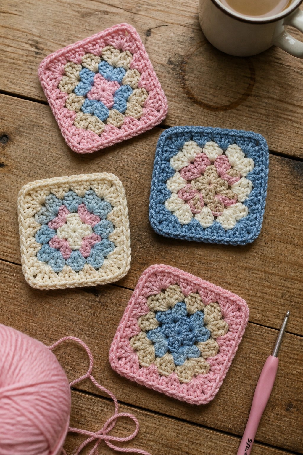 Four pastel crocheted granny squares with yarn and hook on wooden table