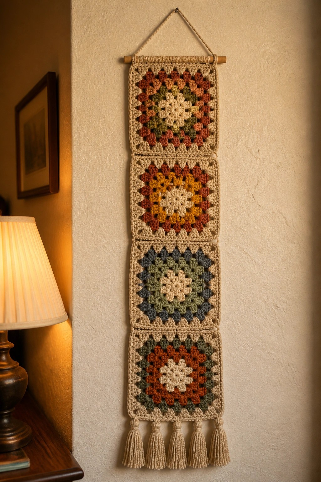 Vertical crocheted hanging with four colorful granny squares on wooden rod with tassels