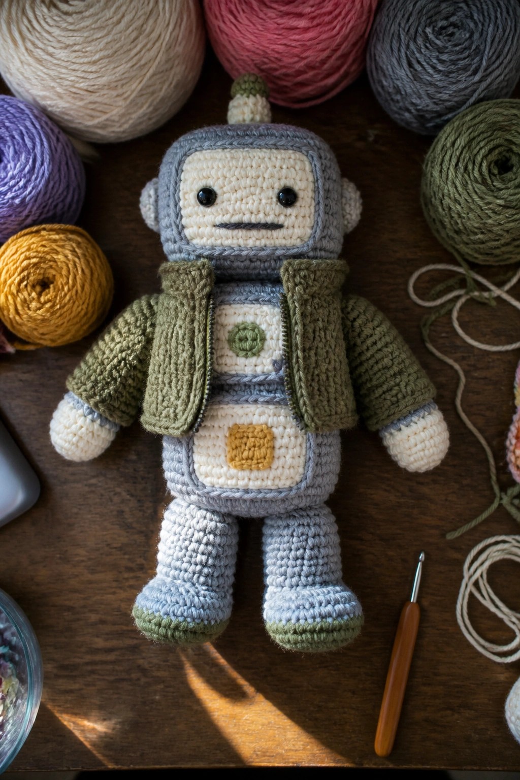 Gray crocheted robot with green jacket amid yarn balls and hook on wooden table