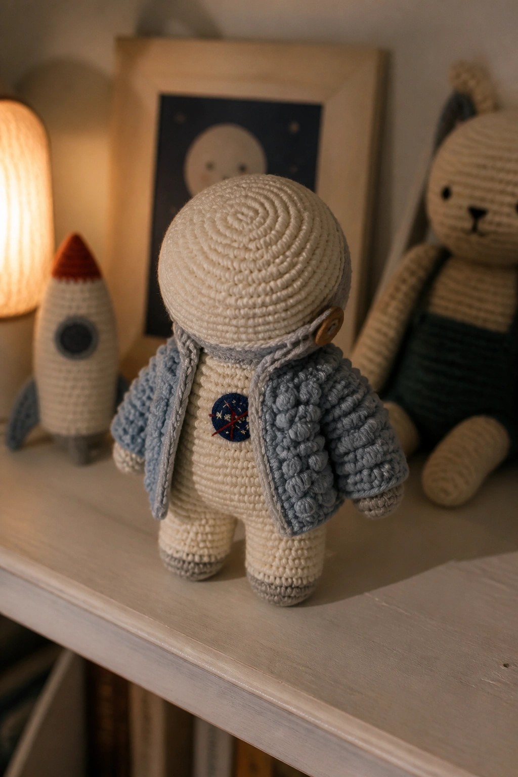 Crocheted astronaut doll in blue jacket on shelf with rocket toy and bunny