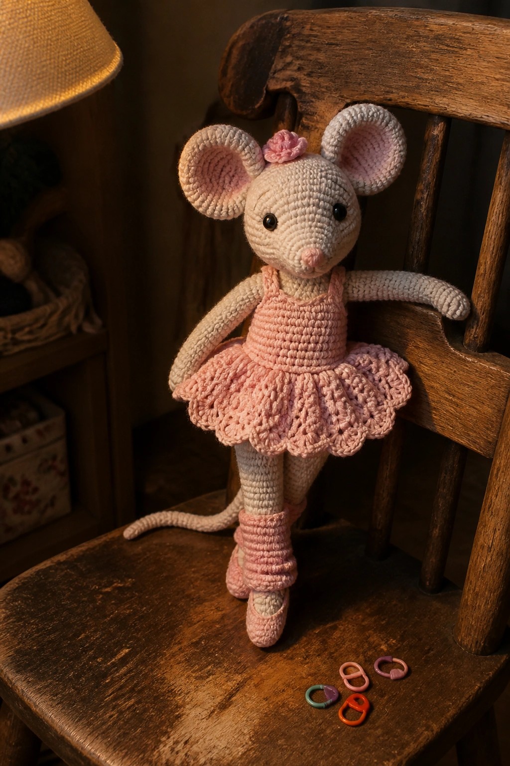 Crocheted ballerina mouse in pink tutu on wooden chair with colorful rings