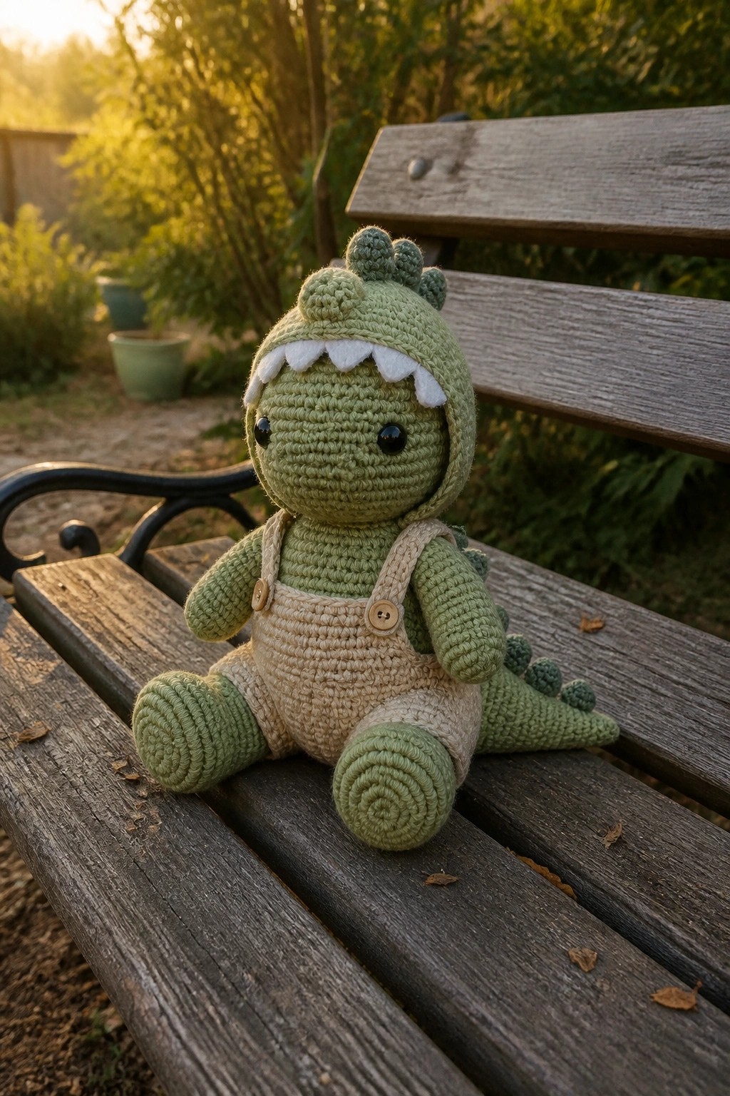 Green crocheted dinosaur plush in beige overalls on wooden park bench outdoors