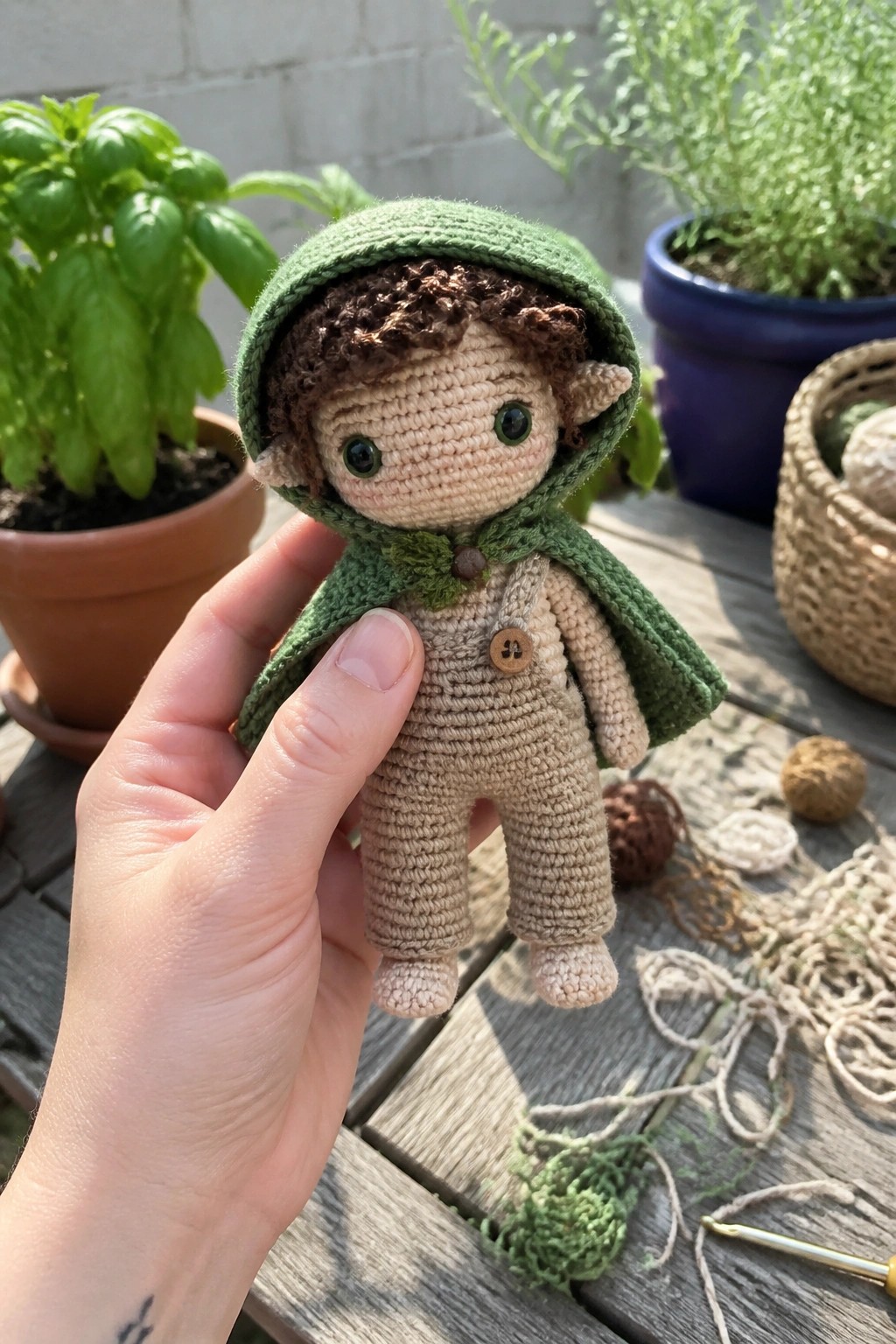 Hand holding crocheted elf doll with green hood, curly brown hair, and beige outfit