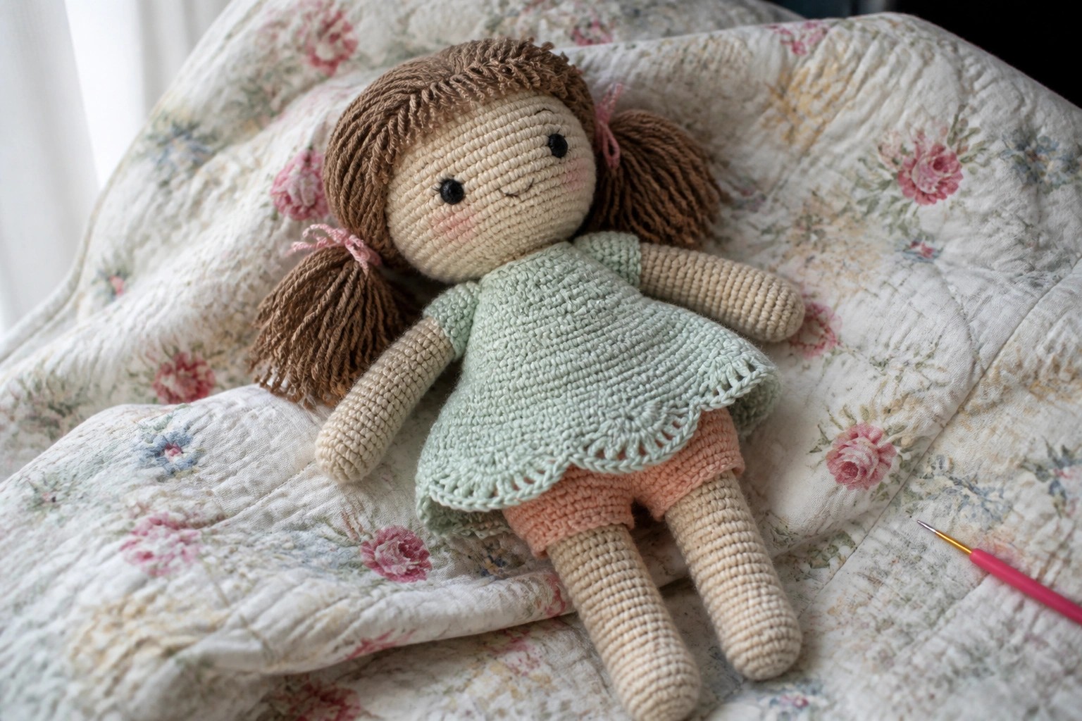 Crocheted doll with brown pigtails in mint dress on floral quilt beside hook