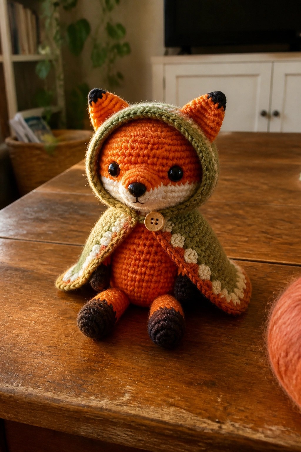Crocheted orange fox amigurumi in green hooded cape on wooden table