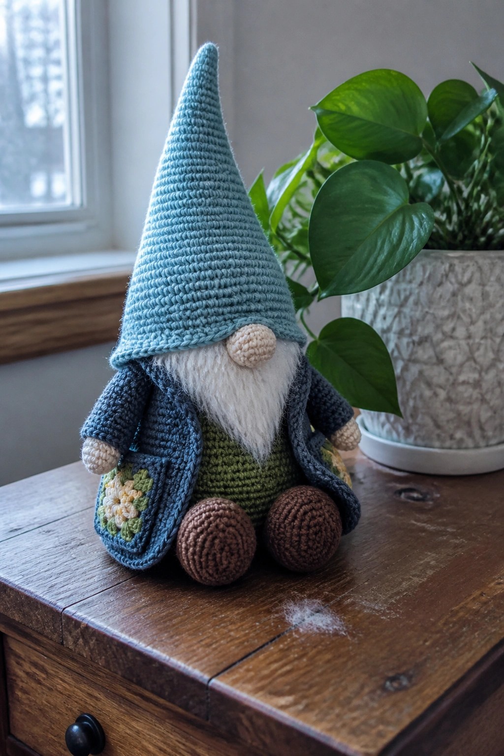Crocheted gnome with blue hat, white beard, and coat sits on wooden table near plant