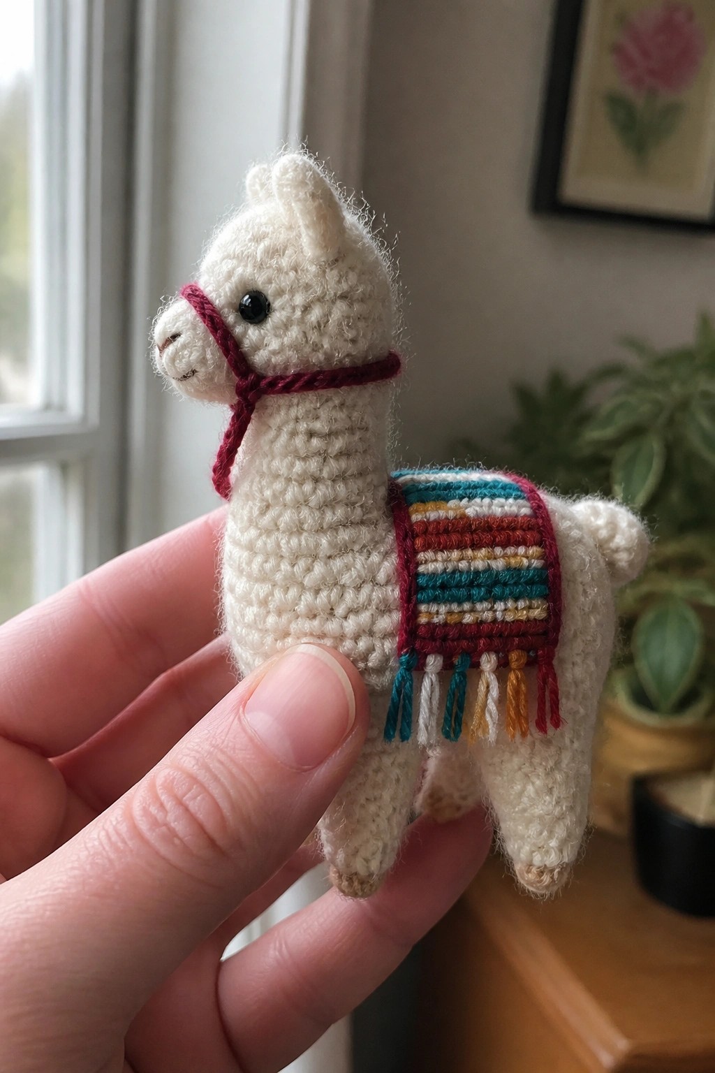 Hand holding tiny crocheted white llama with maroon halter and colorful fringed blanket.