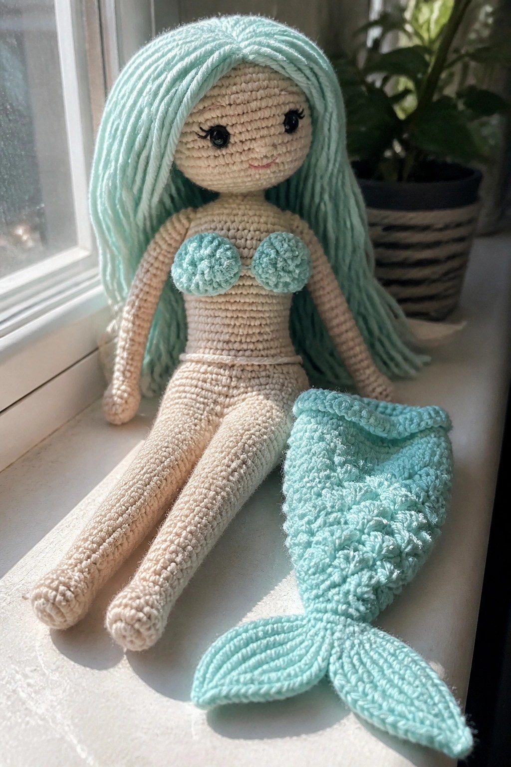 Crocheted mermaid doll with mint hair and detachable turquoise tail on windowsill