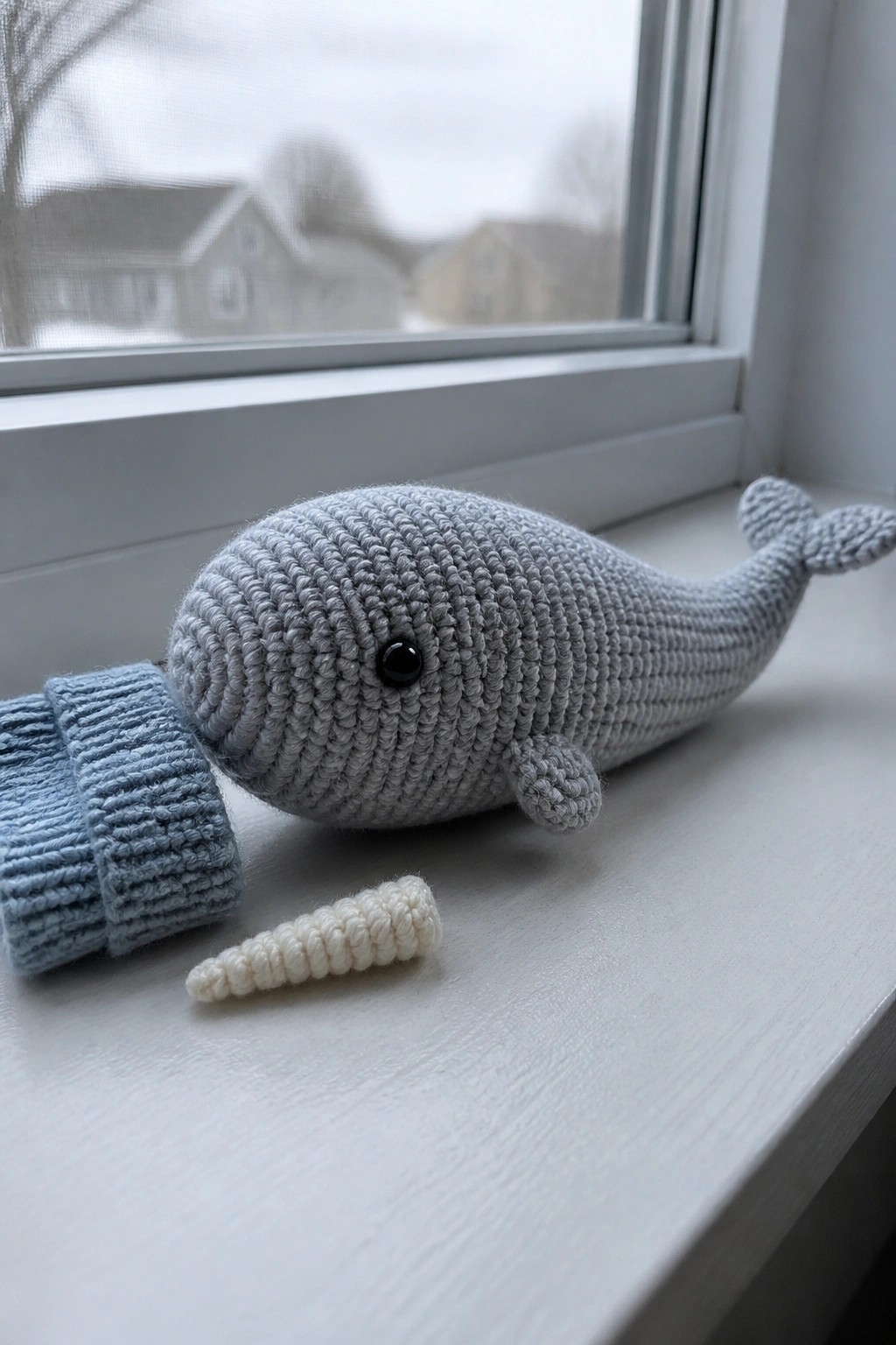 Gray crocheted narwhal with black eye beside blue cuff and white tusk on sill.